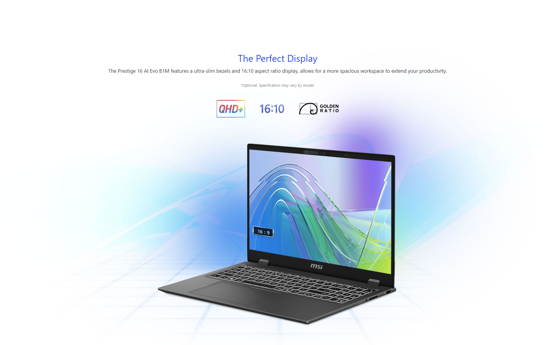 A large marketing image providing additional information about the product MSI Prestige 16 AI Evo (B1M) - 16" Core Ultra 7, 16GB/2TB - Win 11 Notebook - Additional alt info not provided